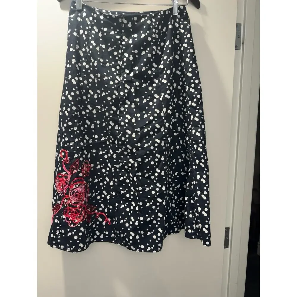 Susan Bristol Embroidered Rose Polka Dot Midi Skirt Size 4 Cottagecore